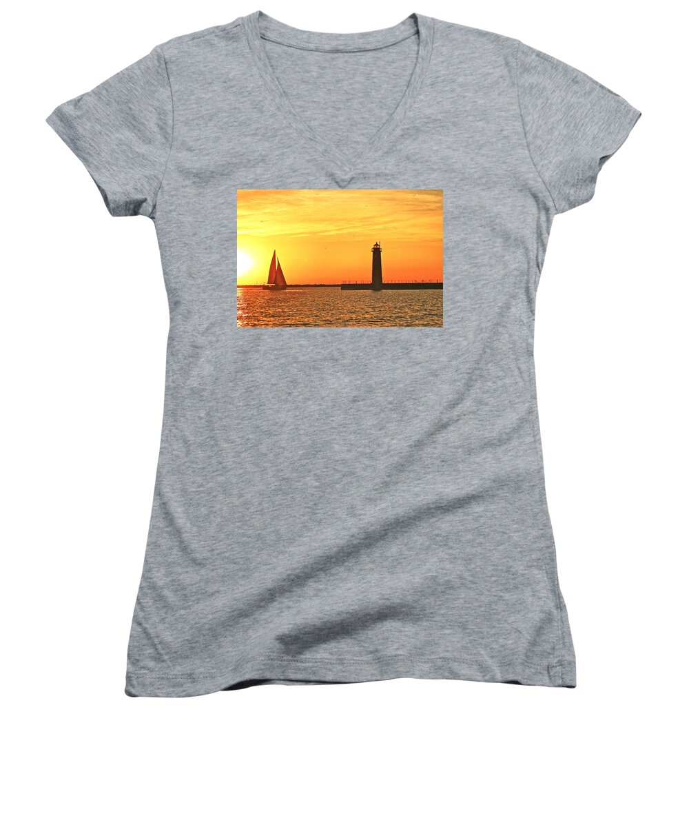 Lighthouse Women's V-Neck featuring the photograph Muskegon Sunset by Michael Peychich