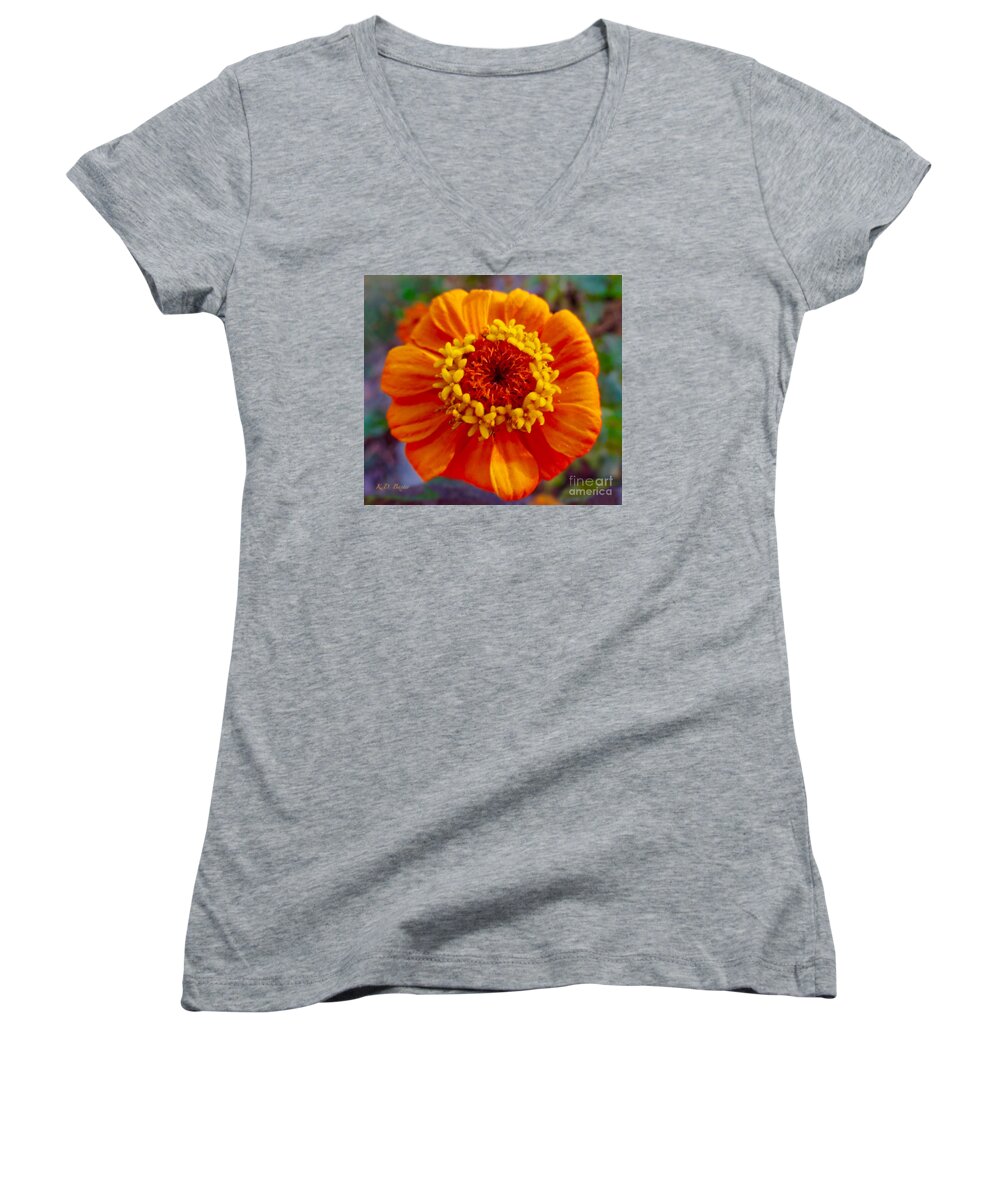 Bright Orange Sunlit Golden Orange Macro Flower Zinnia Soft Painterly Background Green And Lavender With Painterly Background Zinnia Art Flower Art Mixed Media Photograph With Digital Painting Women's V-Neck featuring the photograph My Bit of Orange Zinnia Heaven by Kimberlee Baxter