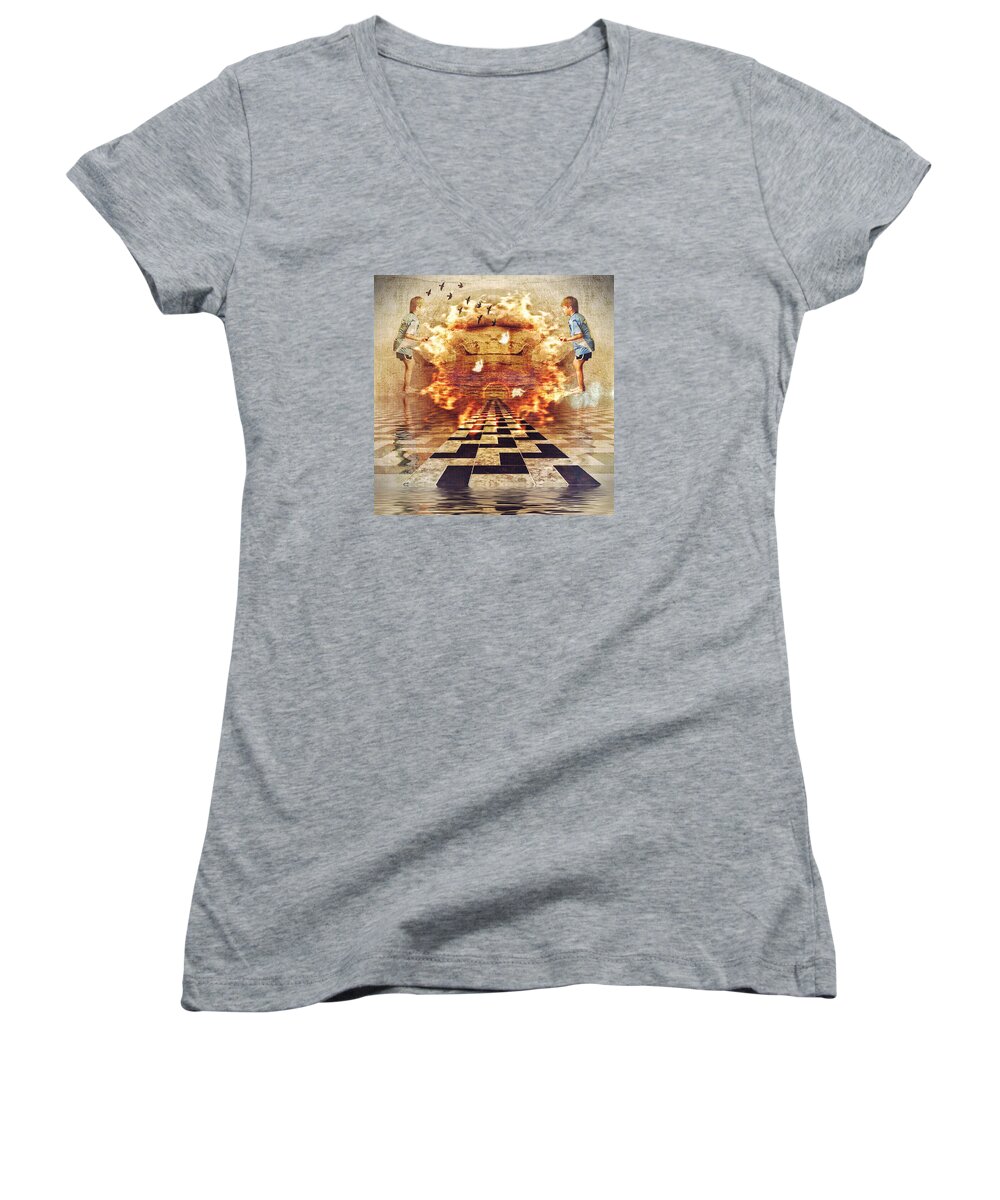 Boy Women's V-Neck featuring the digital art My Shadow's Reflection II by Melissa D Johnston