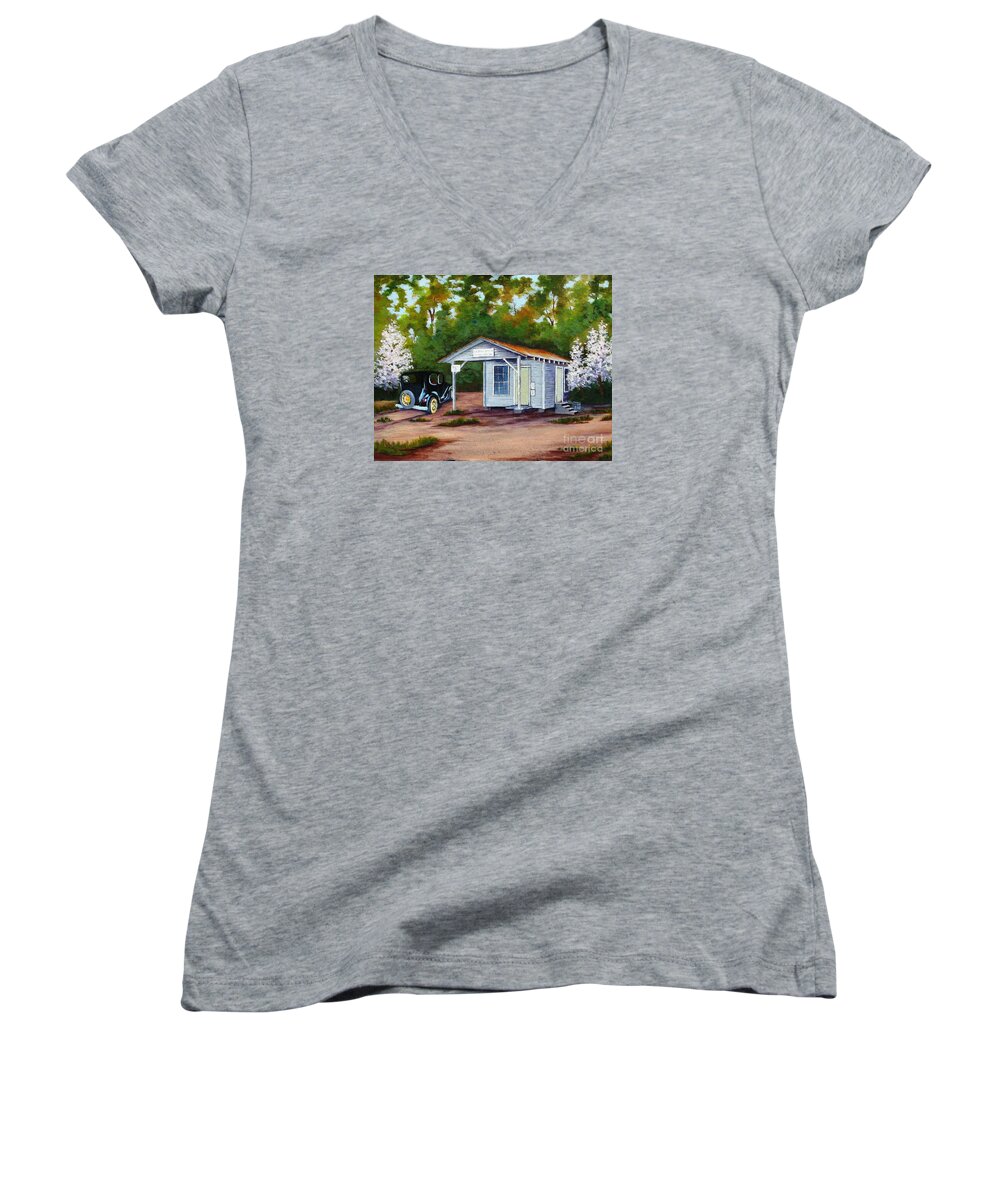 Building Women's V-Neck featuring the painting Myers Mill Post Office by Jerry Walker