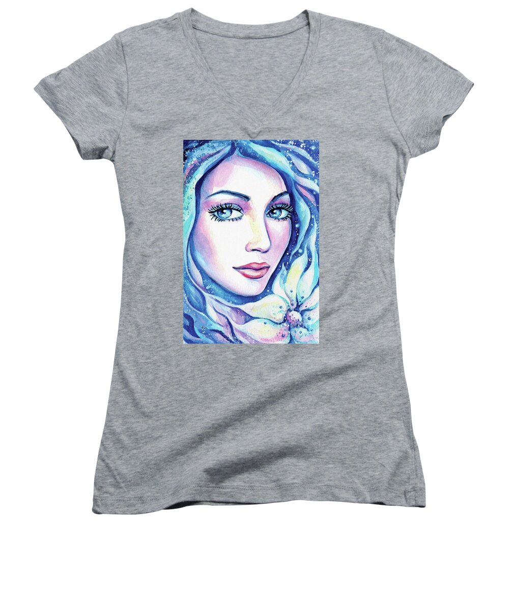 Flower Fairy Women's V-Neck featuring the painting Mysterious Flower by Eva Campbell