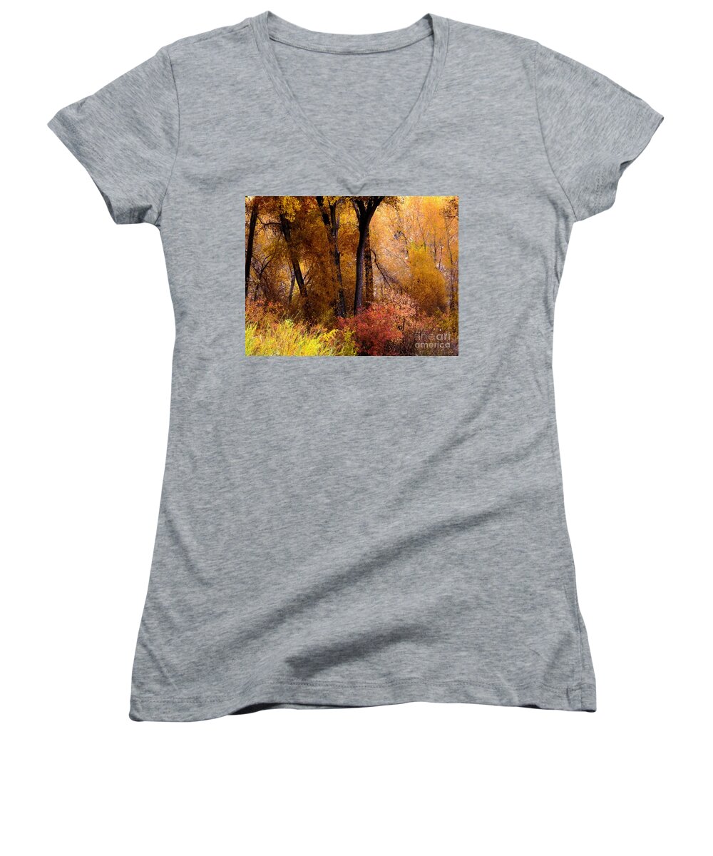 Chinese Elms And Cottonwoods Along The River Changed Into So Many Pastel Colors As The Frosts Began To Set In Women's V-Neck featuring the digital art Mystery in fall folage by Annie Gibbons