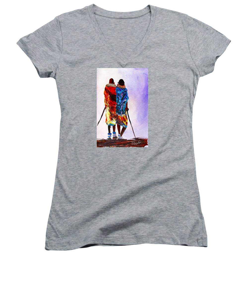 True African Art Women's V-Neck featuring the painting N 108 by John Ndambo