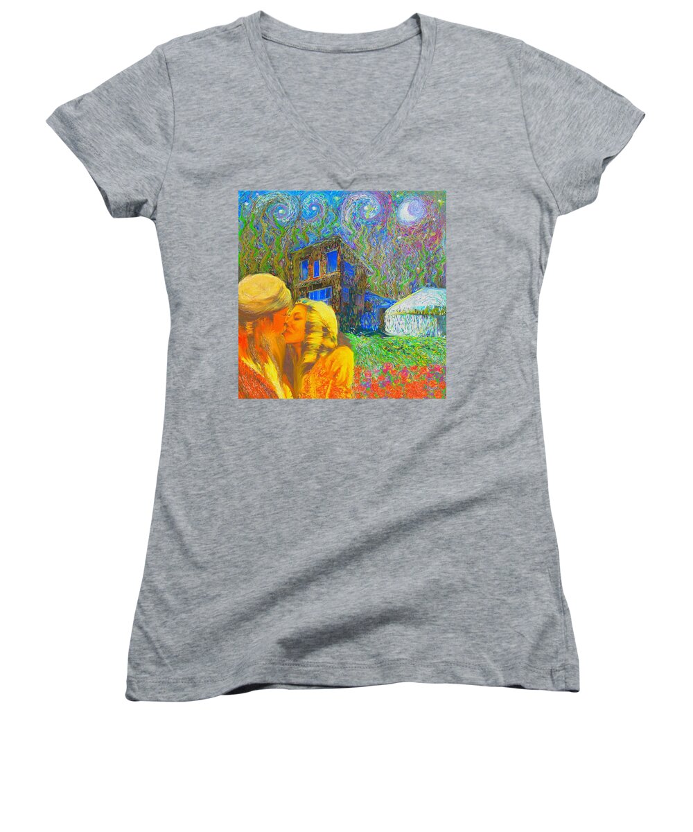Impressionist Women's V-Neck featuring the painting Nalnee and James by Hidden Mountain
