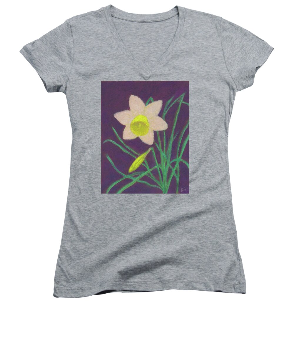Spring Flowers Women's V-Neck featuring the pastel Narcissus Hello by Anne Katzeff