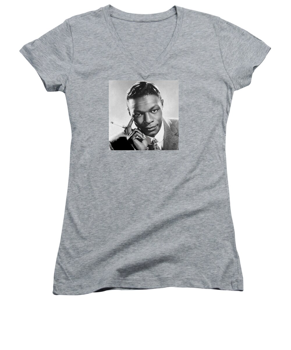 Nat King Cole Circa 1955 Women's V-Neck featuring the photograph Nat King Cole circa 1955-2015 by David Lee Guss