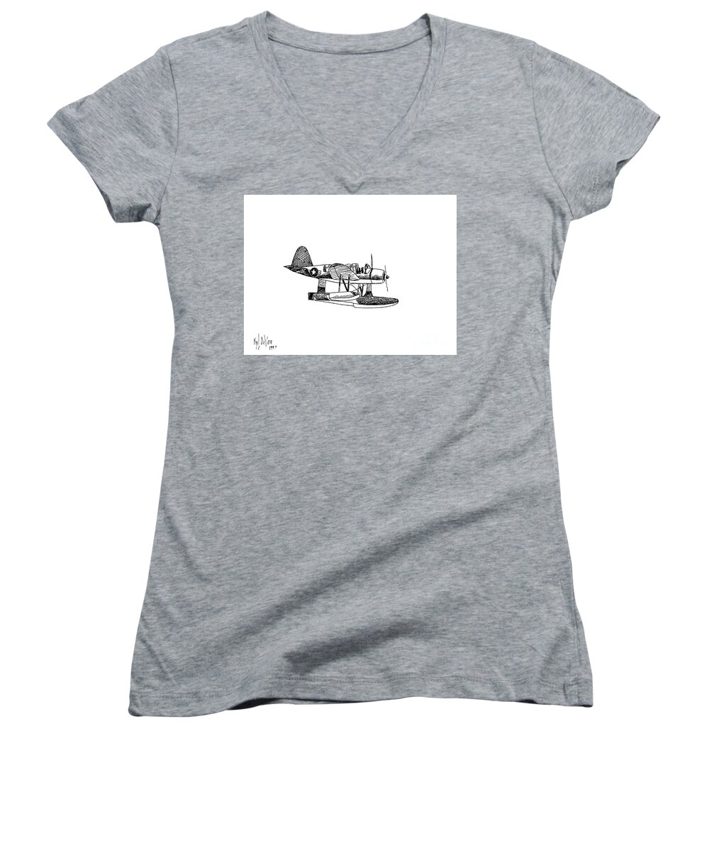 Navy Scout Observation Plane Pen And Ink No Pi201 Women's V-Neck featuring the painting Navy Scout Observation Plane Pen and Ink No PI201 by Kip DeVore