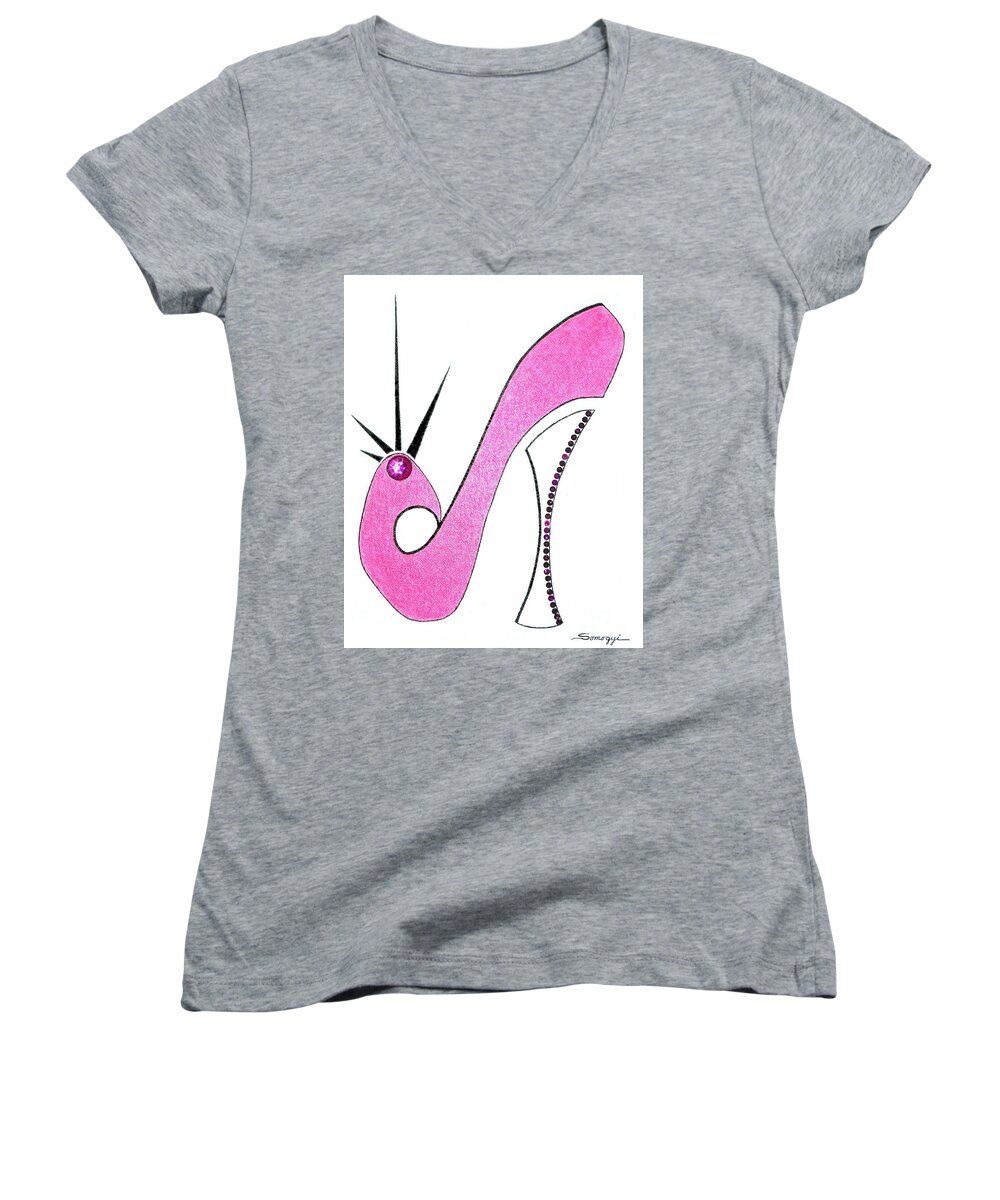 Pop Art Shoe Women's V-Neck featuring the painting Neon Pink Stiletto by Jayne Somogy