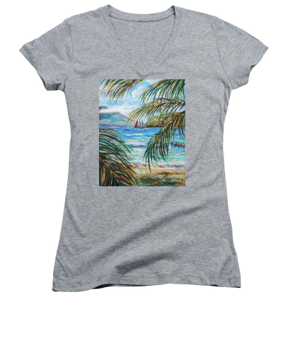 #tropical Women's V-Neck featuring the painting Nevis in the Distance by Linda Olsen