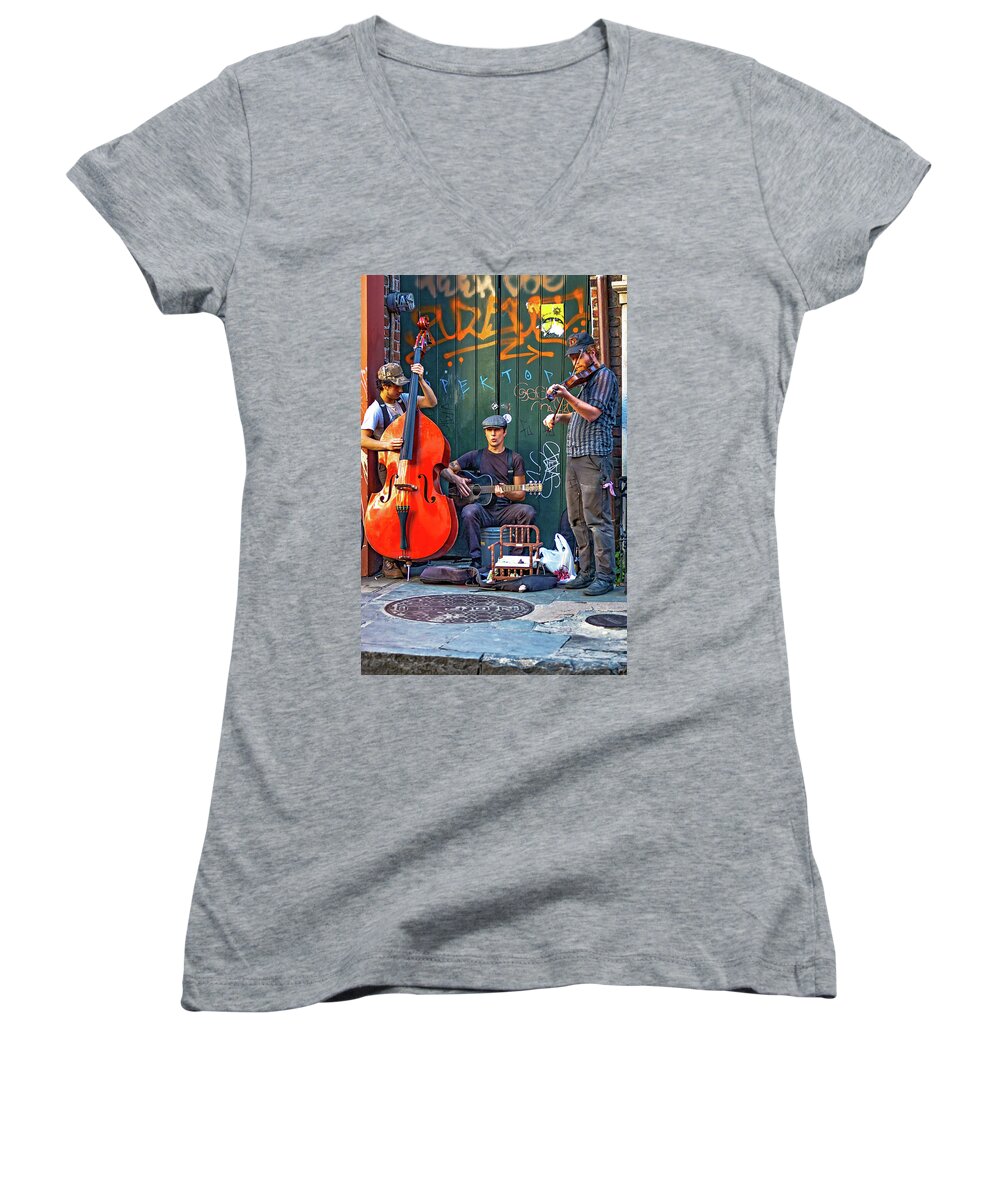 French Quarter Women's V-Neck featuring the photograph New Orleans Street Musicians by Steve Harrington