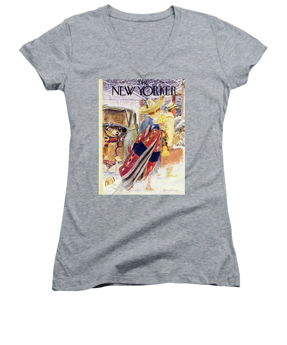 Couple Women's V-Neck featuring the mixed media NewYorker January 31 1953 by Garrett Price