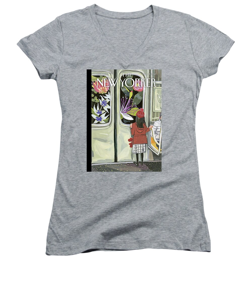 Next Stop: Spring Women's V-Neck featuring the painting Next Stop Spring by Jenny Kroik