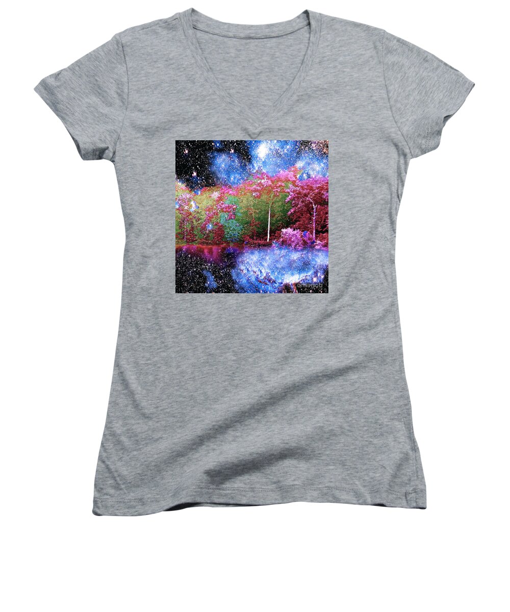 Night Women's V-Neck featuring the painting Night Trees Starry Lake by Saundra Myles