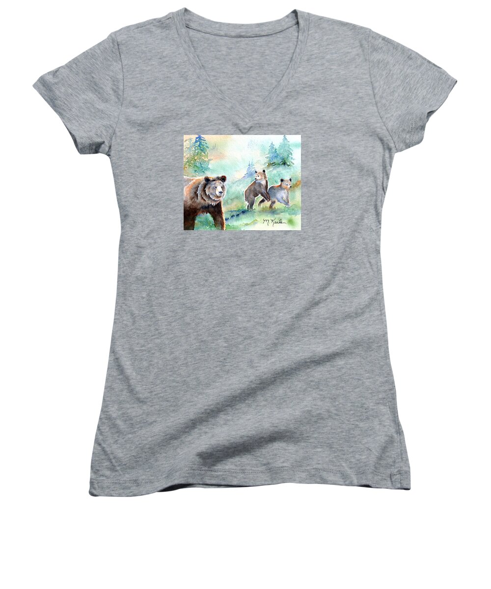 Bear Women's V-Neck featuring the painting No Cub Left Behind - Grizzly Bears by Marsha Karle