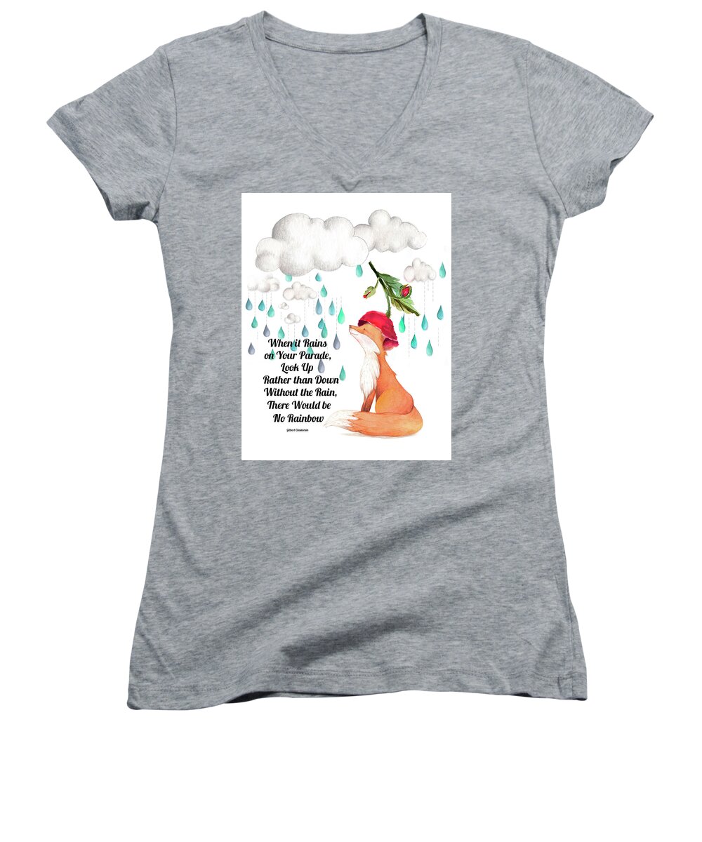 Red Fox Women's V-Neck featuring the digital art No Rain on my Parade by Colleen Taylor