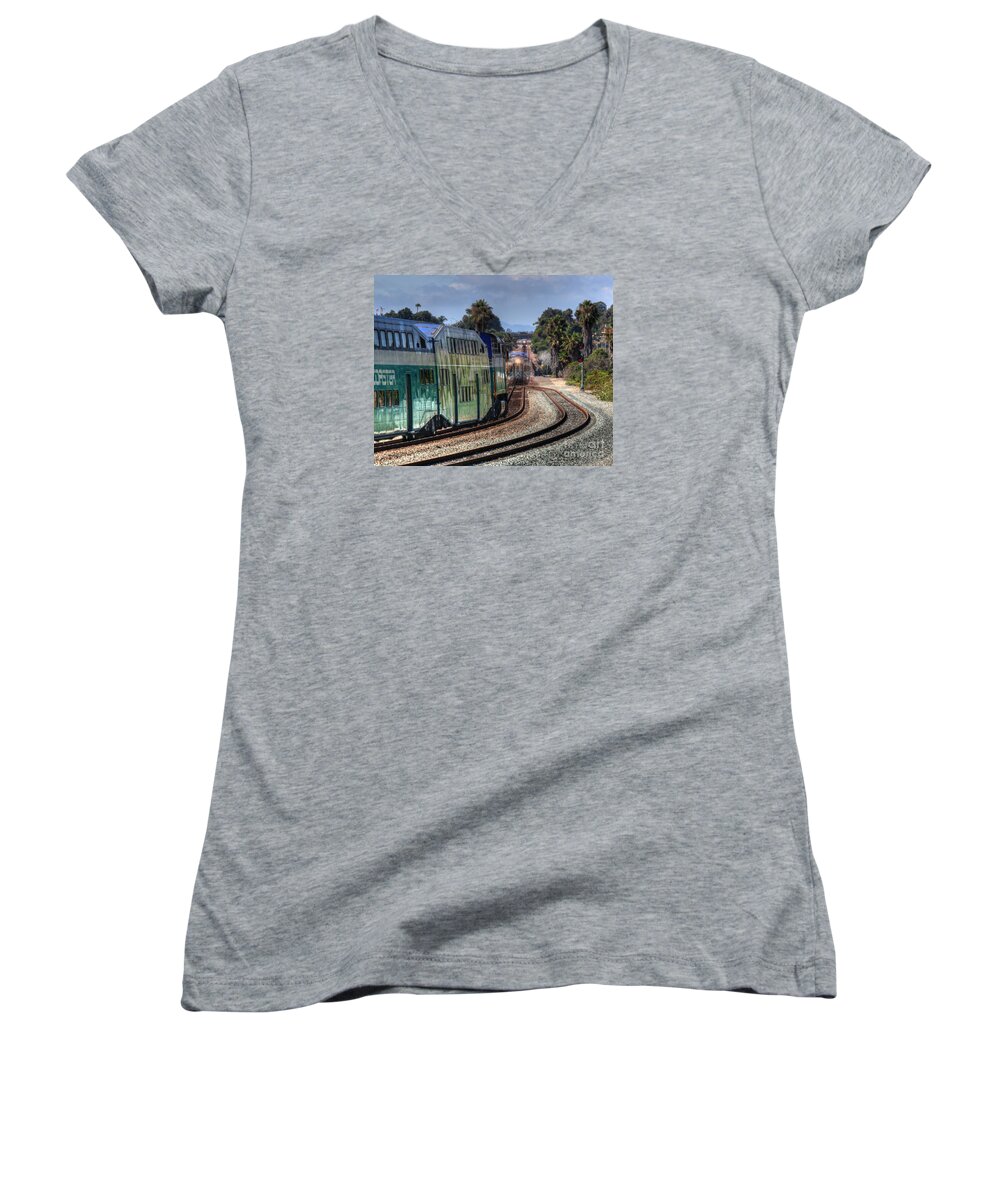 San Diego Women's V-Neck featuring the photograph North Bound by Dusty Wynne