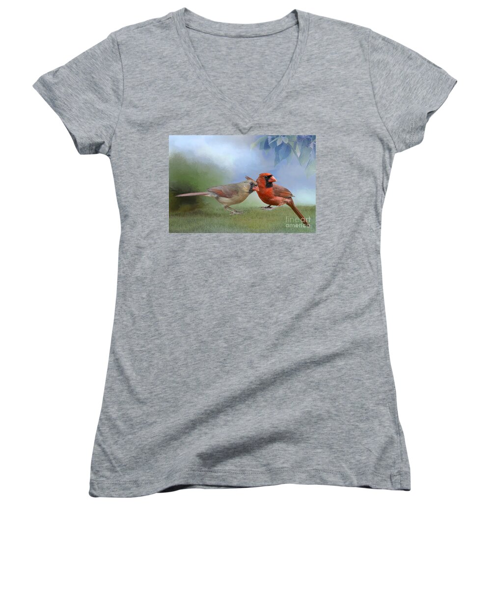 Northern Cardinals Women's V-Neck featuring the photograph Northern Cardinals on a Spring Day by Bonnie Barry
