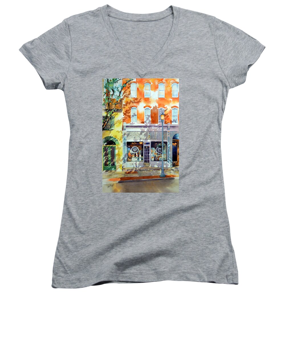 Watercolor Women's V-Neck featuring the painting Novelties by Mick Williams