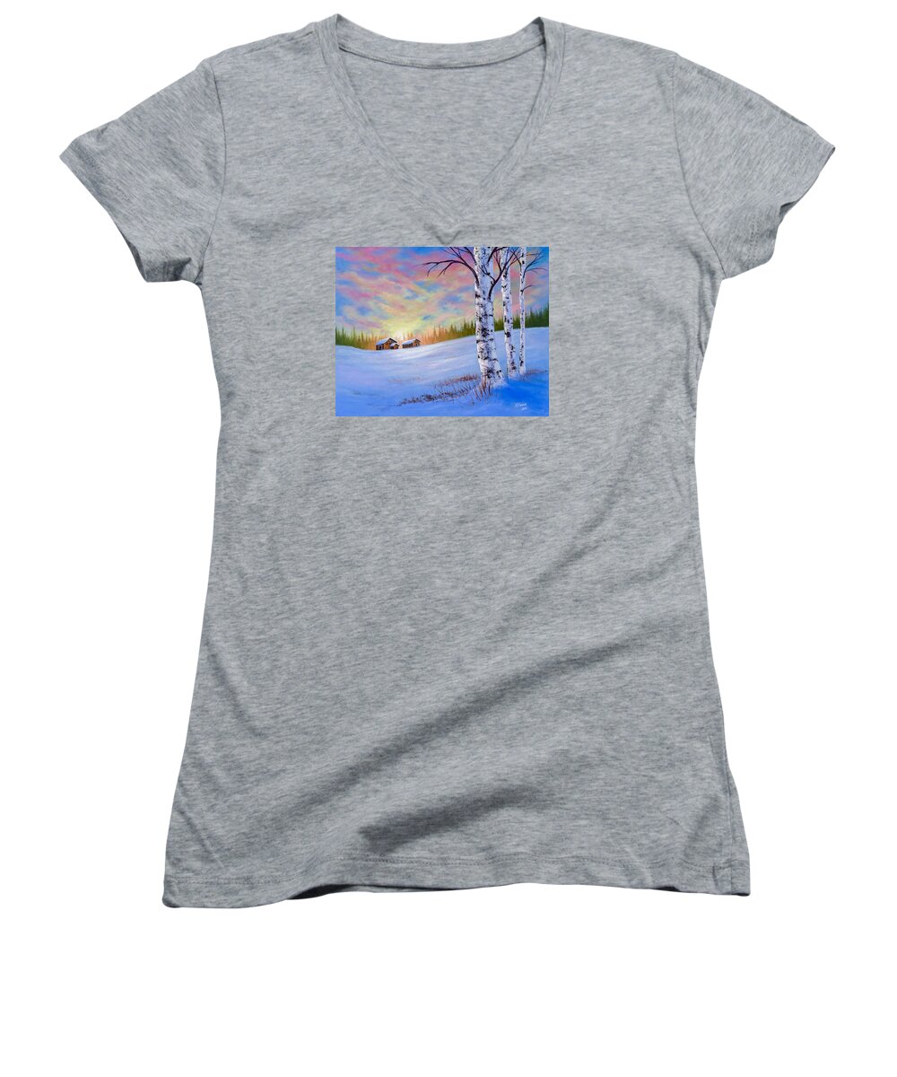 Barn Women's V-Neck featuring the painting November Sunset by Chris Steele