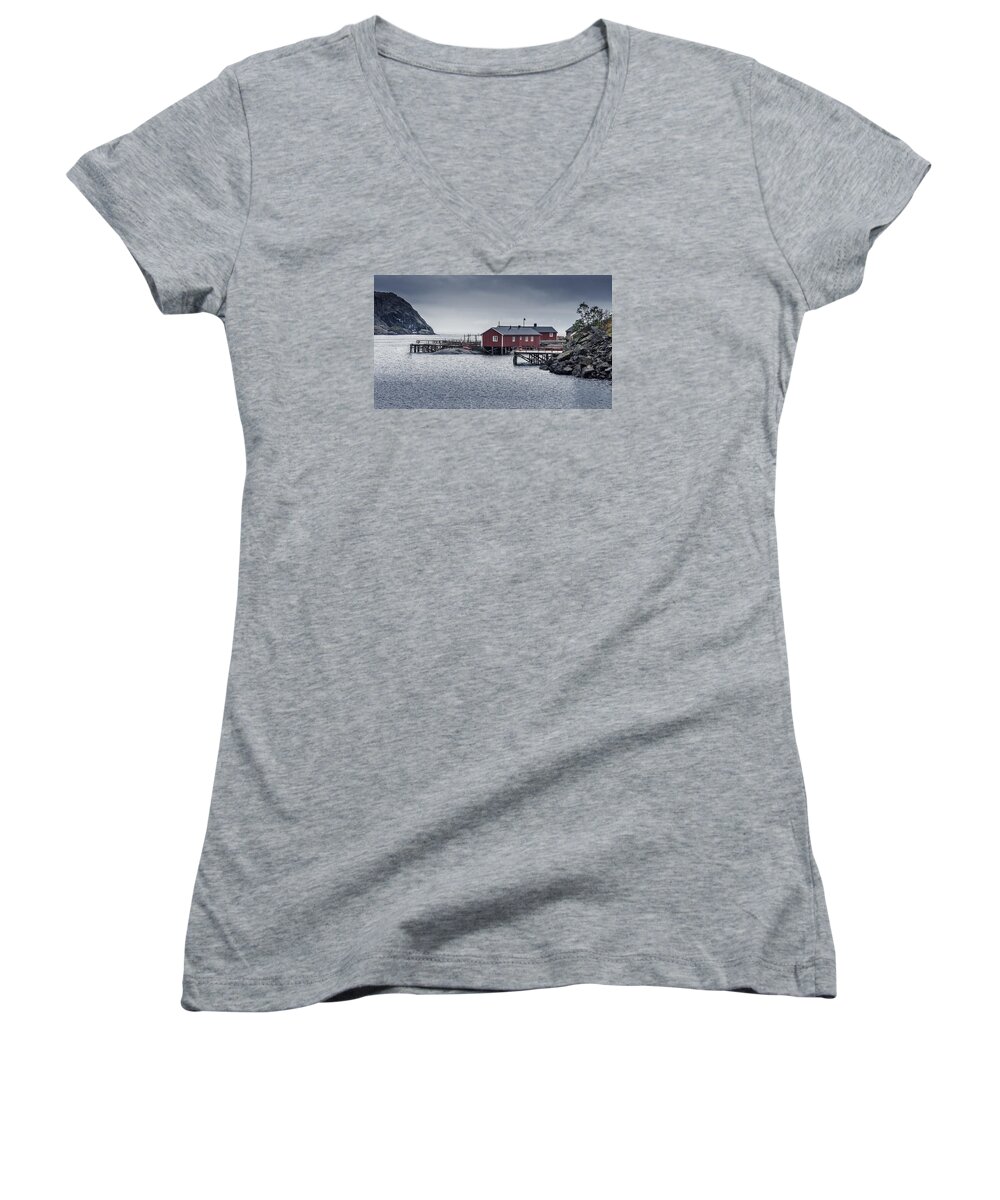 Autumn Women's V-Neck featuring the photograph Nusfjord Rorbu by James Billings