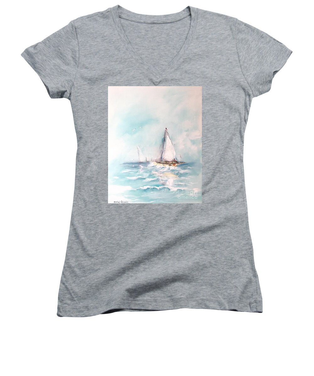 Ocean Blues Water Sea Sailing Ship Boat Wave Blue White Harbor Seascape Sky Cloud Acrylic On Canvas Print Painting Women's V-Neck featuring the painting Ocean blues by Miroslaw Chelchowski