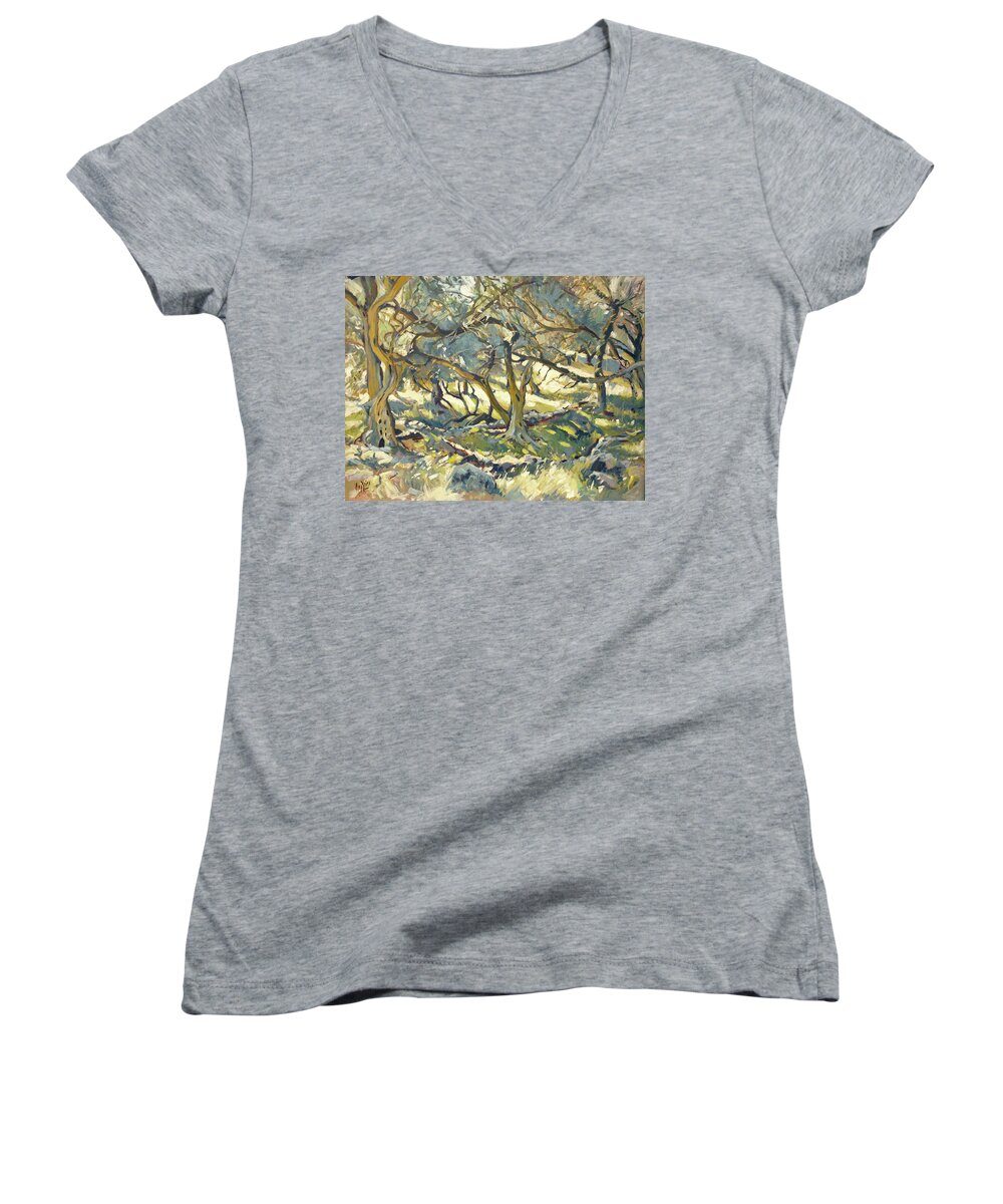Paxos Women's V-Neck featuring the painting Oilve grove Marmari Beach by Nop Briex