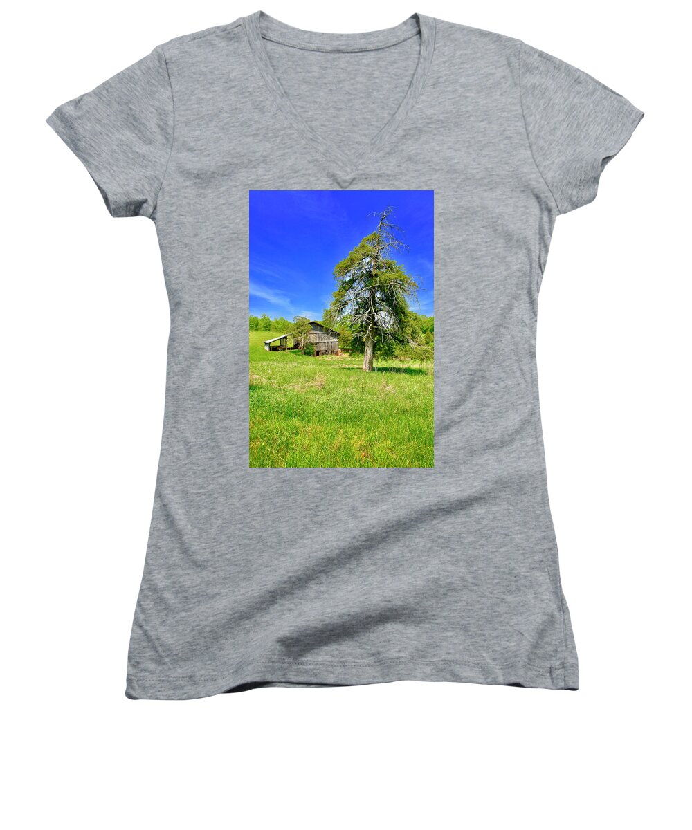 Old Barn Women's V-Neck featuring the photograph Old Barn, Smith Mountain Lake by The James Roney Collection