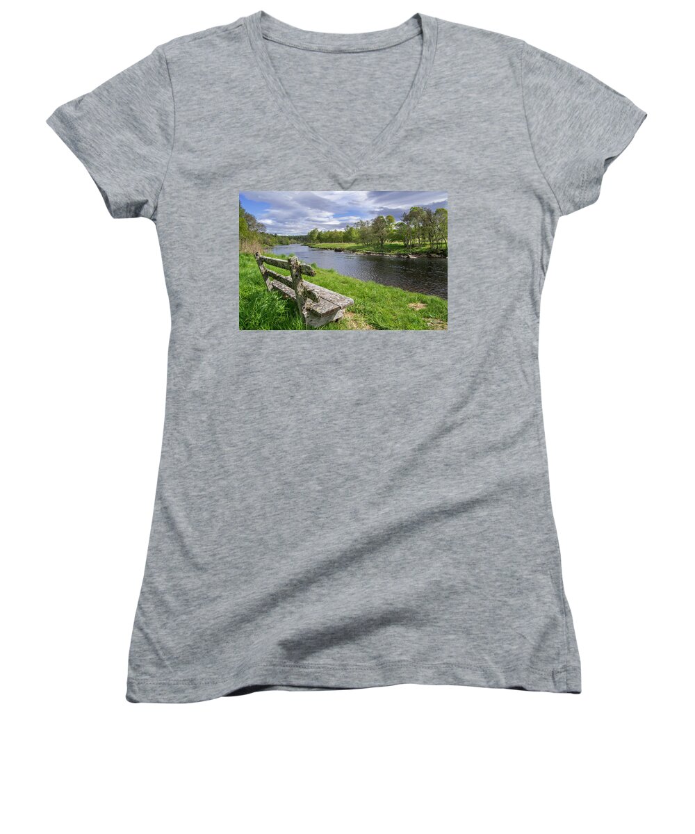 Old Women's V-Neck featuring the photograph Old Bench along Spey River, Scotland by Arterra Picture Library