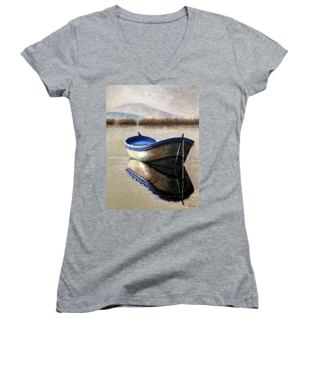 Boat Women's V-Neck featuring the painting Old Boat by Janet King