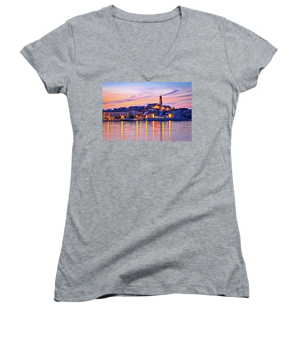Betina Women's V-Neck featuring the photograph Old mediterranean town of Betina sunset view by Brch Photography
