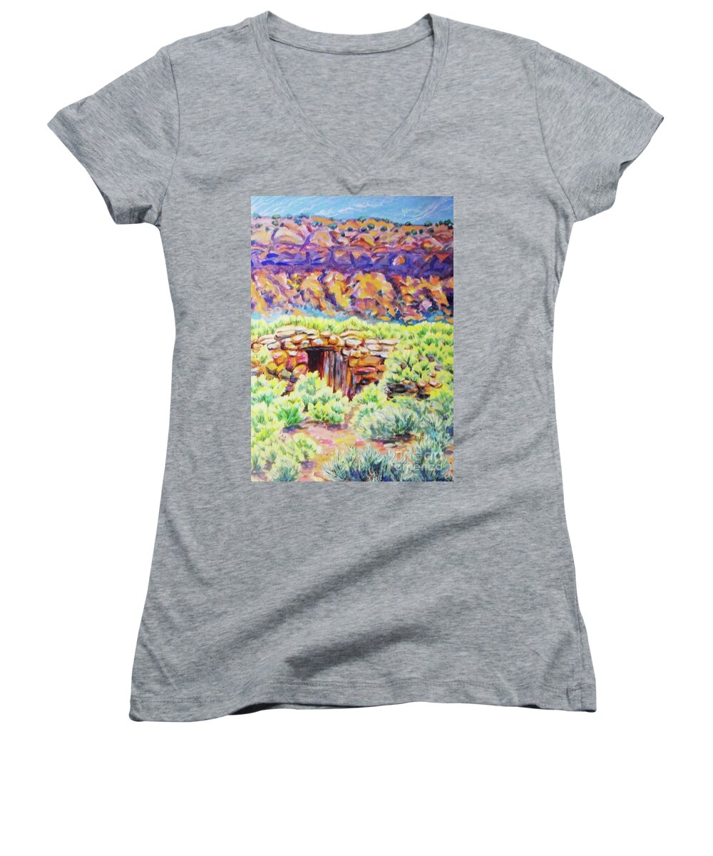 Old Root Cellar In Desert Valley Women's V-Neck featuring the painting Old Root Cellar by Annie Gibbons