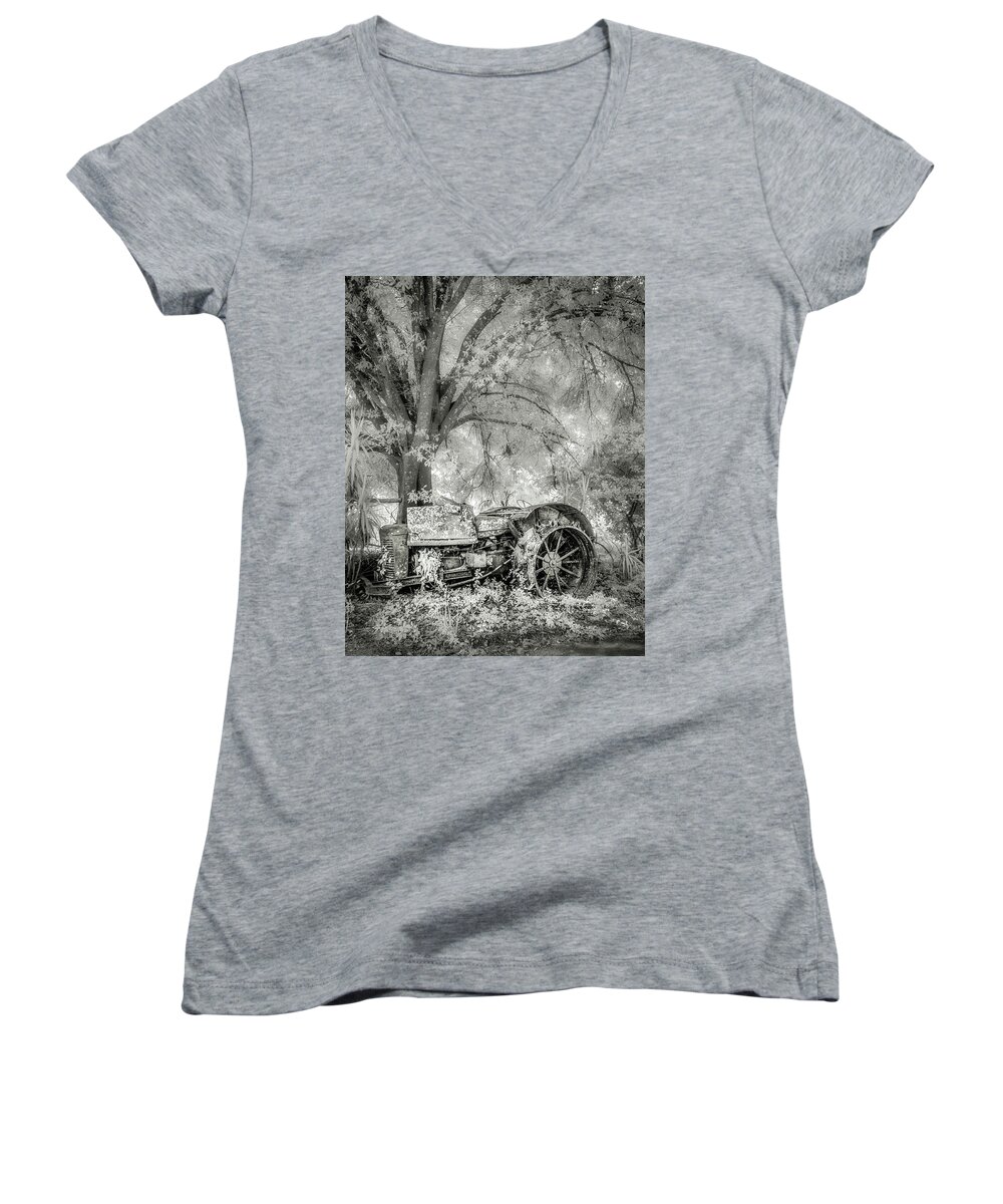 Infrared Women's V-Neck featuring the photograph Old Tractor by Steve Zimic