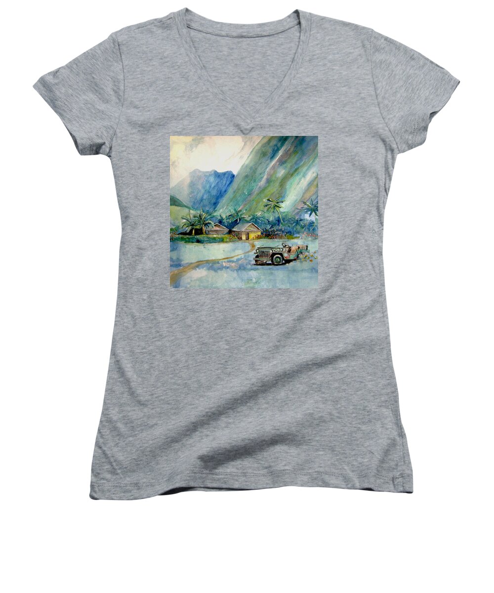 Palms Women's V-Neck featuring the painting Olowalu Valley by Ray Agius