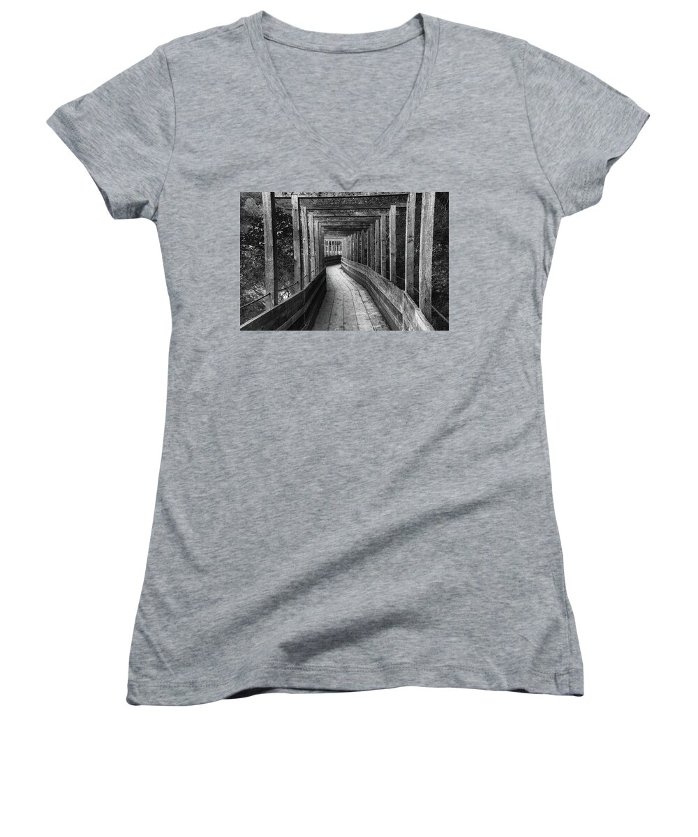 B&w Women's V-Neck featuring the photograph On the Boardwalk #2 by Robin Mayoff