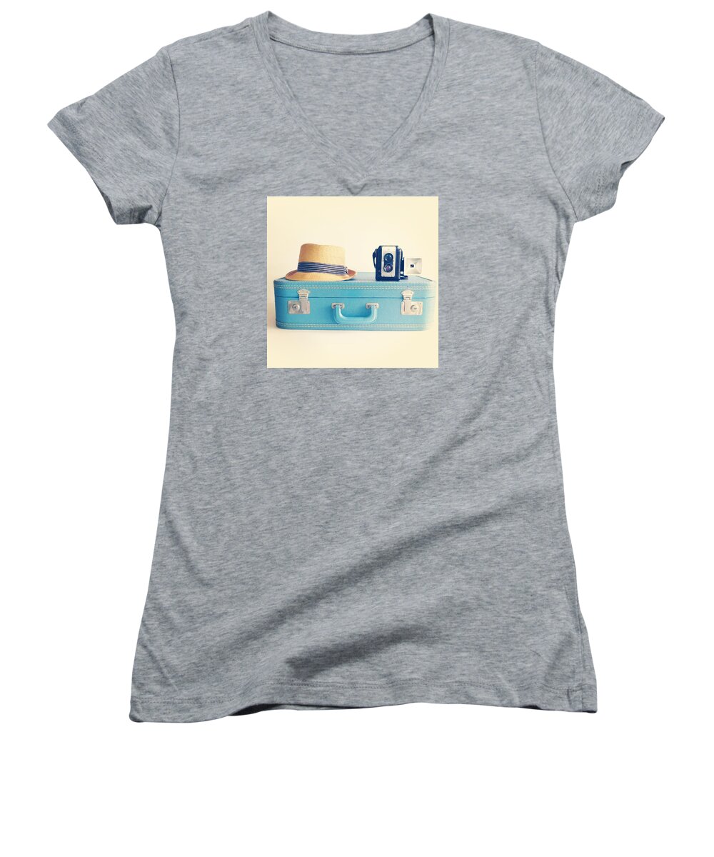 Vintage Suitcase Women's V-Neck featuring the photograph On the Road by Colleen VT