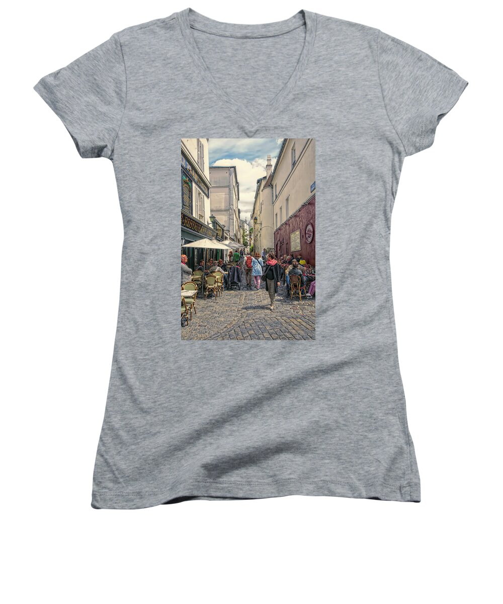 Paris Women's V-Neck featuring the photograph On the streets of Montmartre by John Rivera