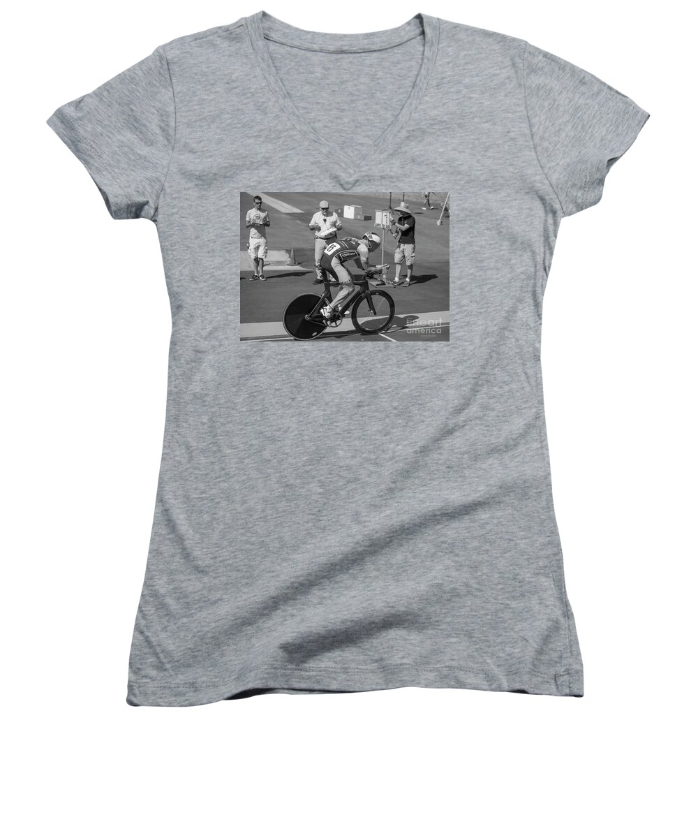 San Diego. Velodrome. Masters Women's V-Neck featuring the photograph One Lap To Go by Dusty Wynne