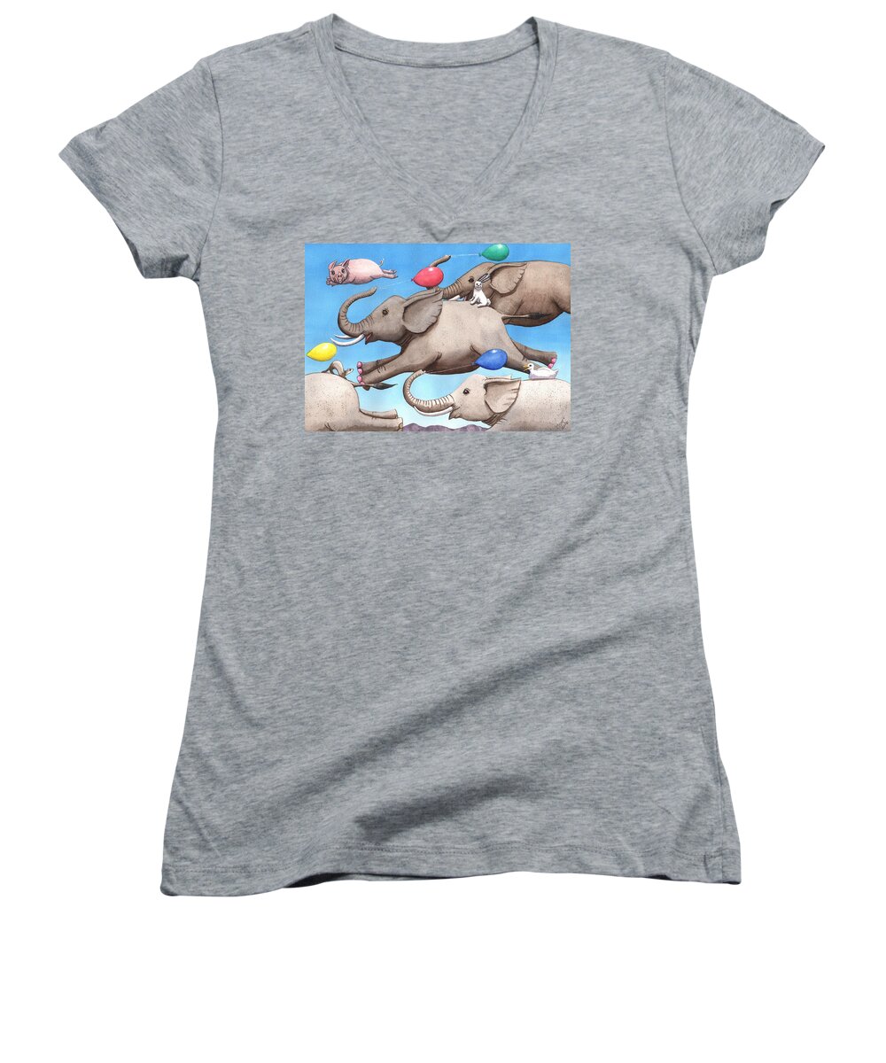 Elephant Women's V-Neck featuring the painting Only way to fly by Catherine G McElroy