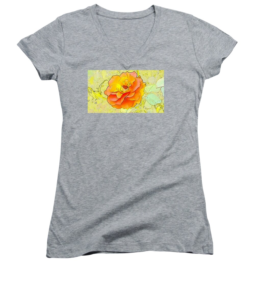 Orange Women's V-Neck featuring the digital art Orange rose by Kumiko Izumi