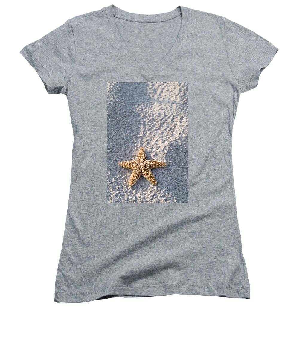 Afternoon Women's V-Neck featuring the photograph Orange seastar laying on sand by Mary Van de Ven - Printscapes