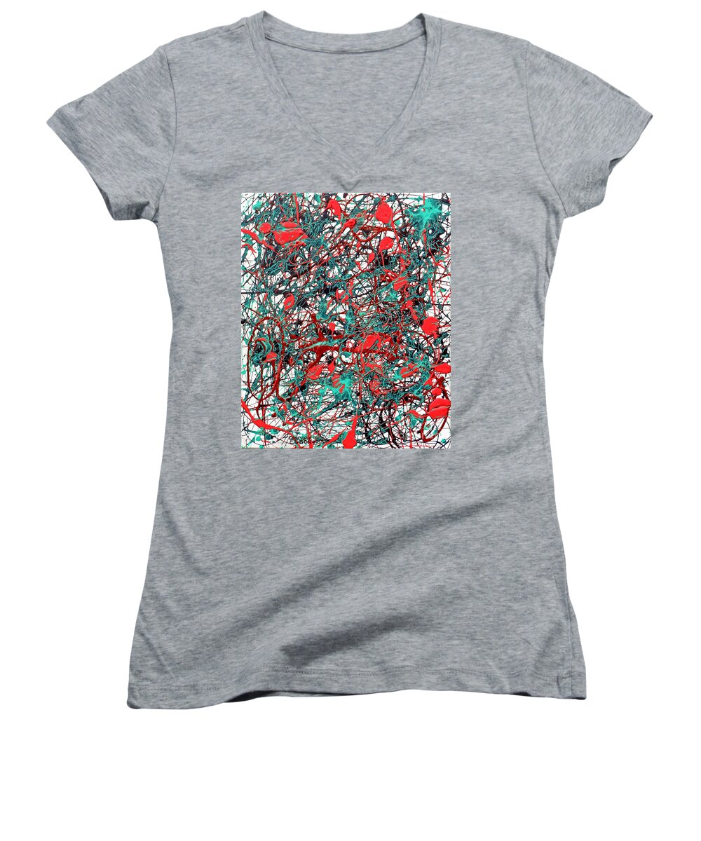 Jacksonpollock Women's V-Neck featuring the painting Orange Turquoise Drip Abstract by Genevieve Esson
