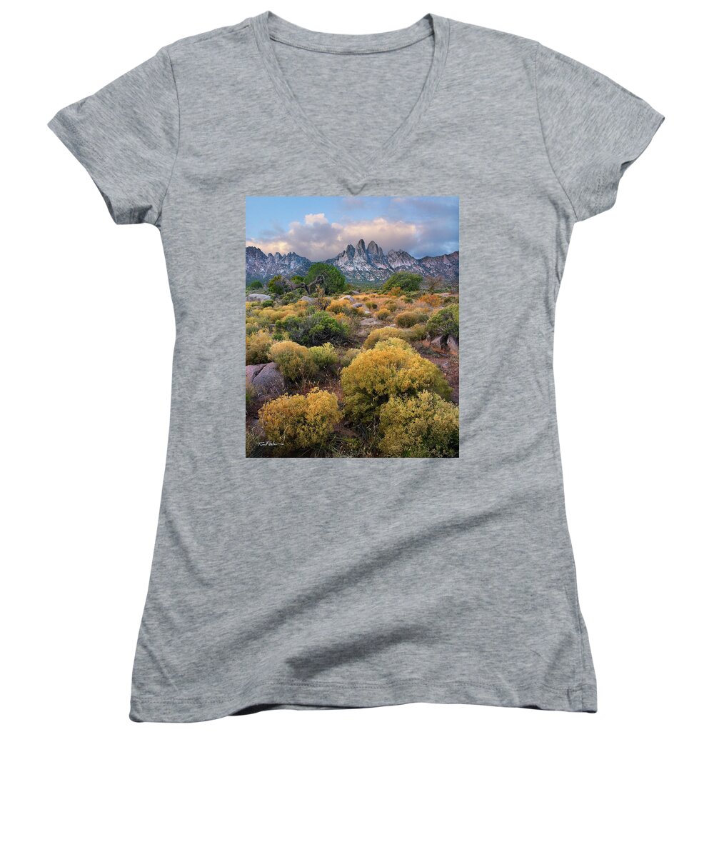 Autumn Women's V-Neck featuring the photograph Organ Mountains-Desert Peaks National Monument, New Mexico.  by Tim Fitzharris
