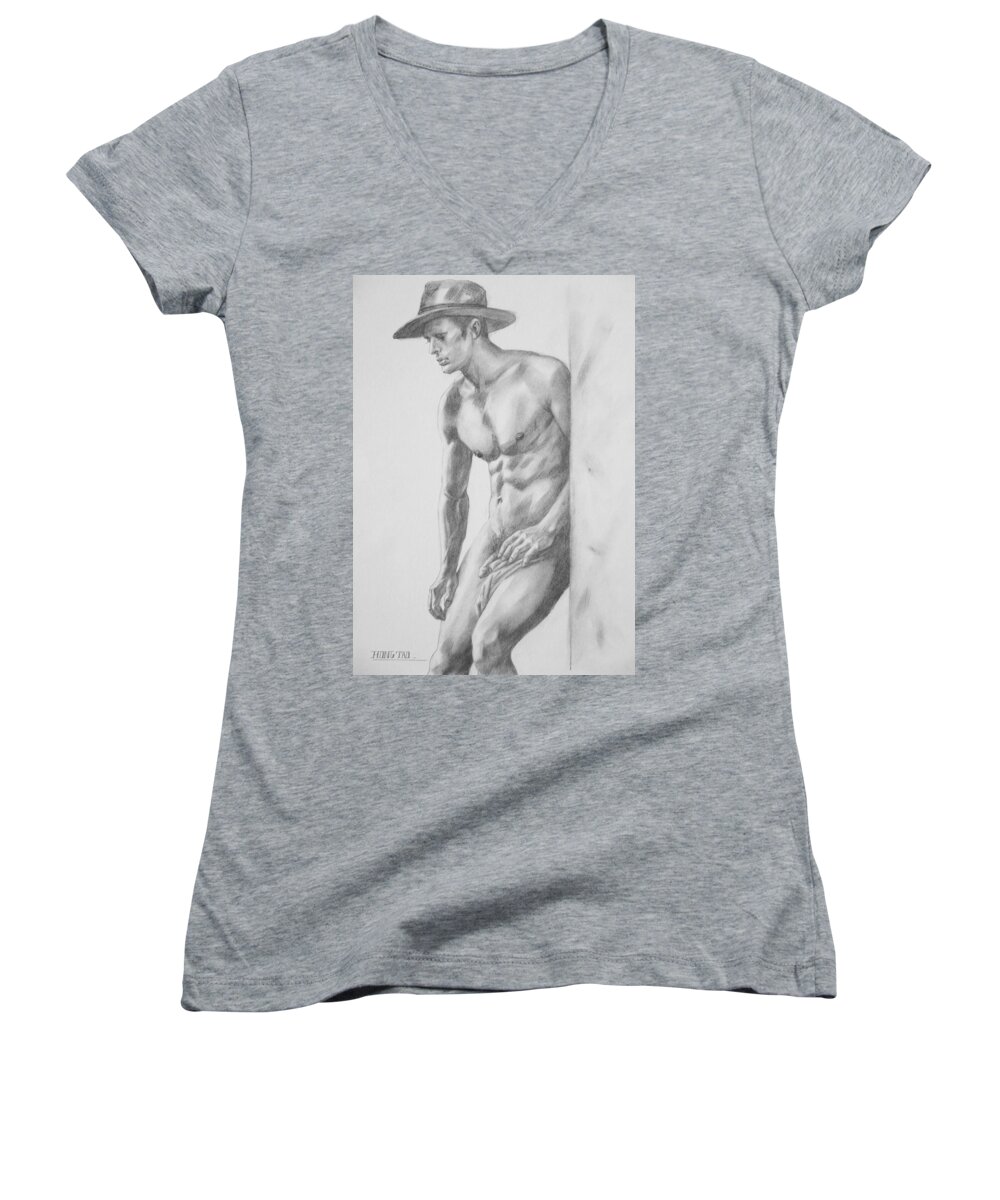 Cowboy Women's V-Neck featuring the drawing Original Charcoal Drawing Art Male Nude Cowboy On Paper #16-3-11-25 by Hongtao Huang