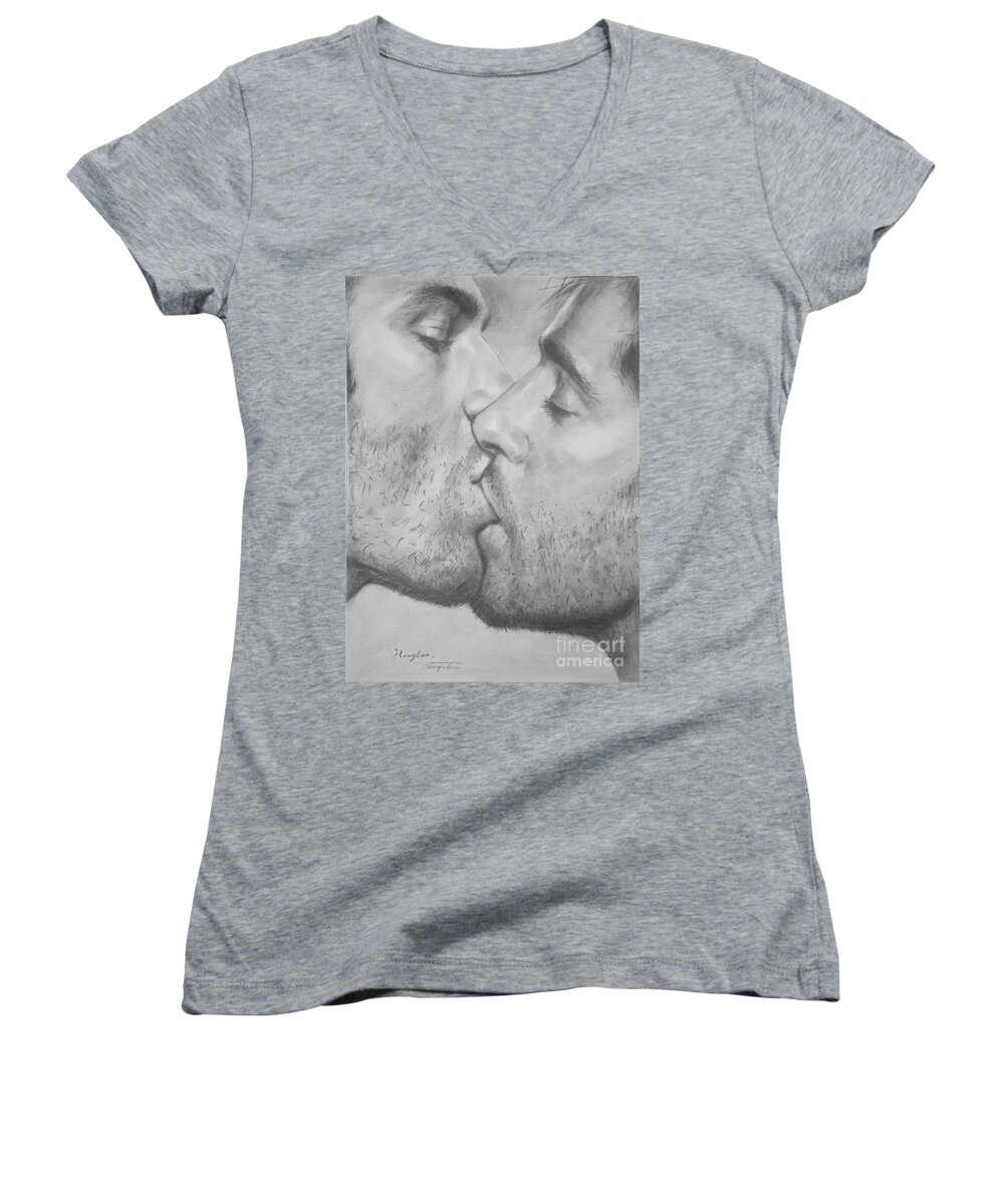 Original Drawing Women's V-Neck featuring the painting Original Drawing Sketch Charcoal Chalk Gay Man Art - Kiss Pencil On Paper -025 by Hongtao Huang