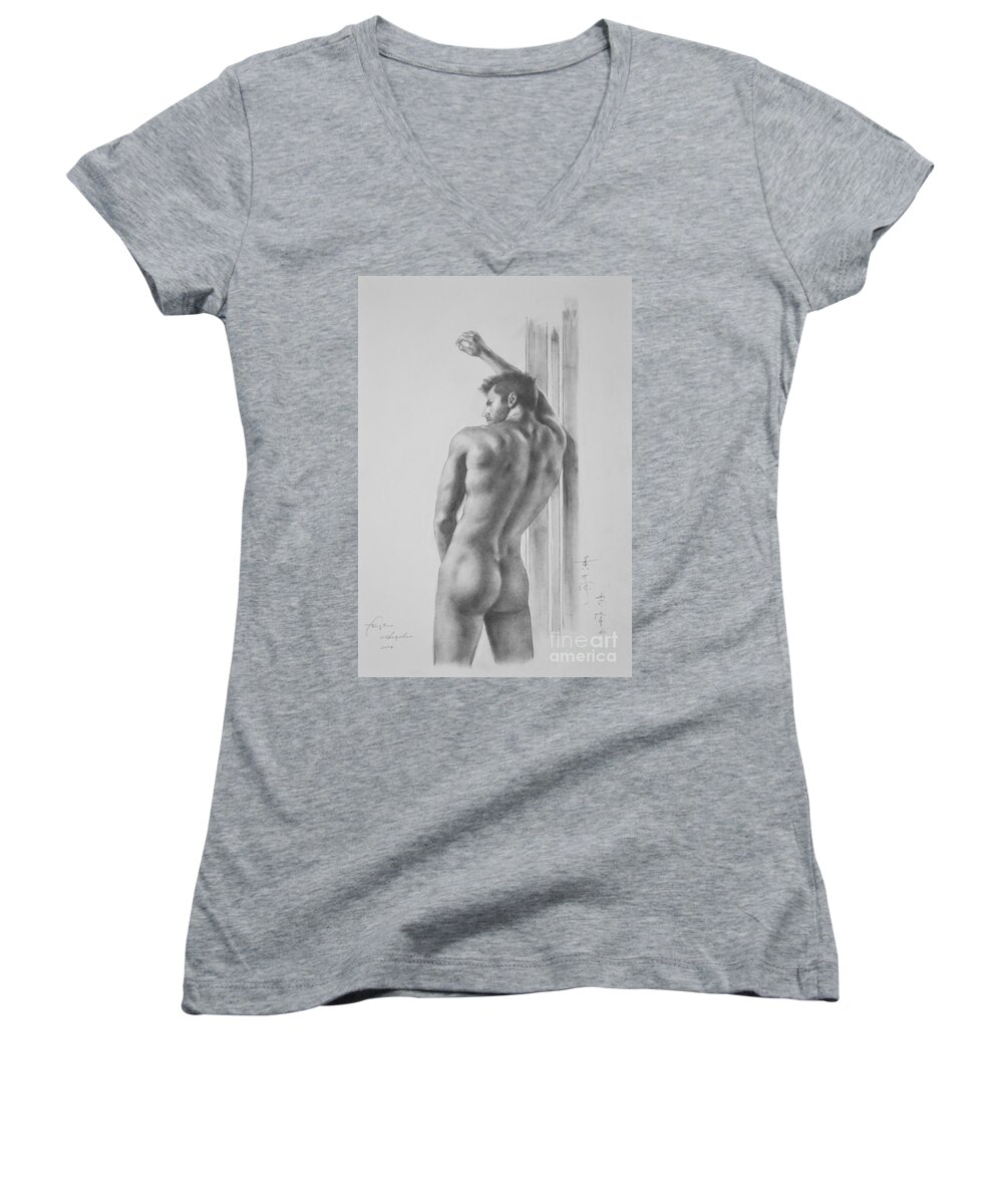 Original Art Women's V-Neck featuring the painting Original Drawing Sketch Charcoal Male Nude Gay Interest Man Art Pencil On Paper -0039 by Hongtao Huang