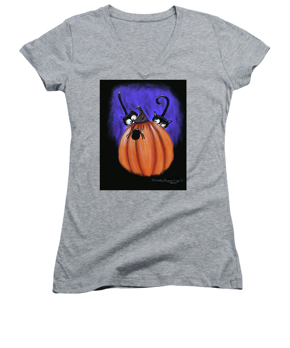 Halloween Women's V-Neck featuring the painting Oscar and Matilda - A Spider Oh Heck No by Melissa Toppenberg