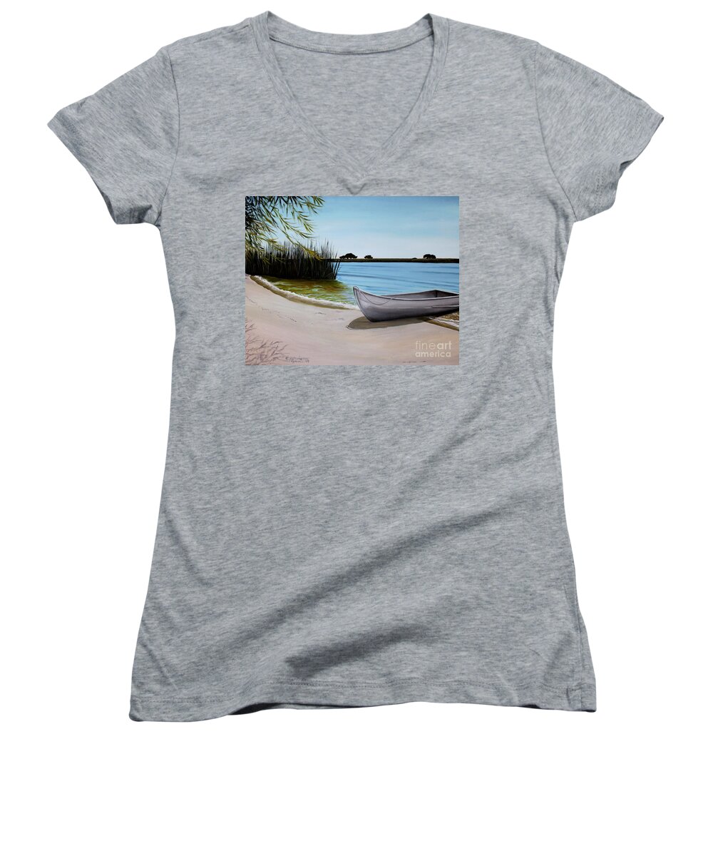 Landscape Women's V-Neck featuring the painting Our Beach by Elizabeth Robinette Tyndall