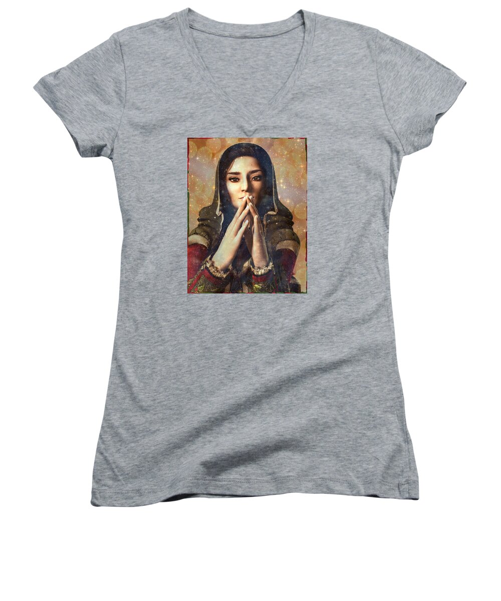 Our Lady Of Guadalupe Women's V-Neck featuring the painting Our Lady of Guadalupe by Suzanne Silvir
