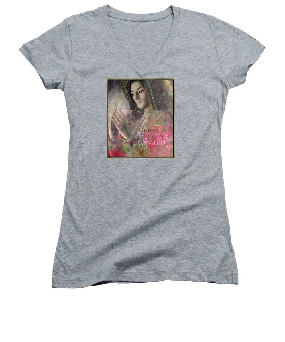 Our Lady Of Guadalupe Women's V-Neck featuring the painting Our Lady by Suzanne Silvir