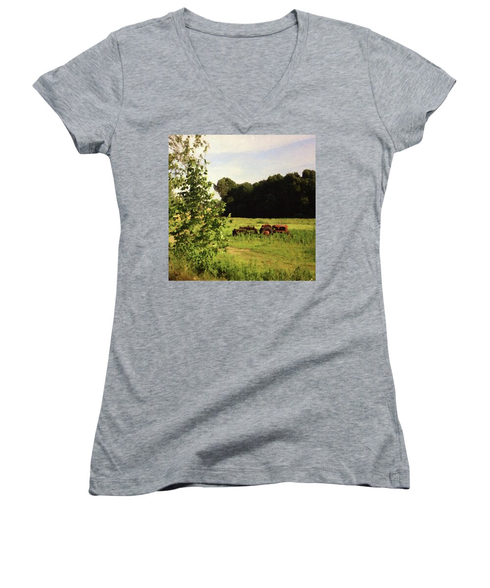 Farming Women's V-Neck featuring the photograph Out in the Fields by Geoff Jewett